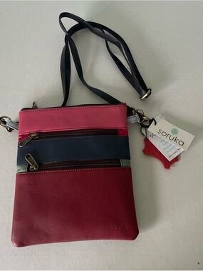 NEW Soruka Leather Multi Color Block Zipper Crossbody Bag Wristlet Travel Purse